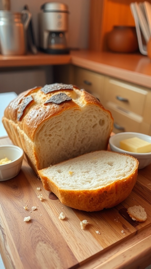 A golden brown loaf of homemade bread sliced on a cutting board with butter.